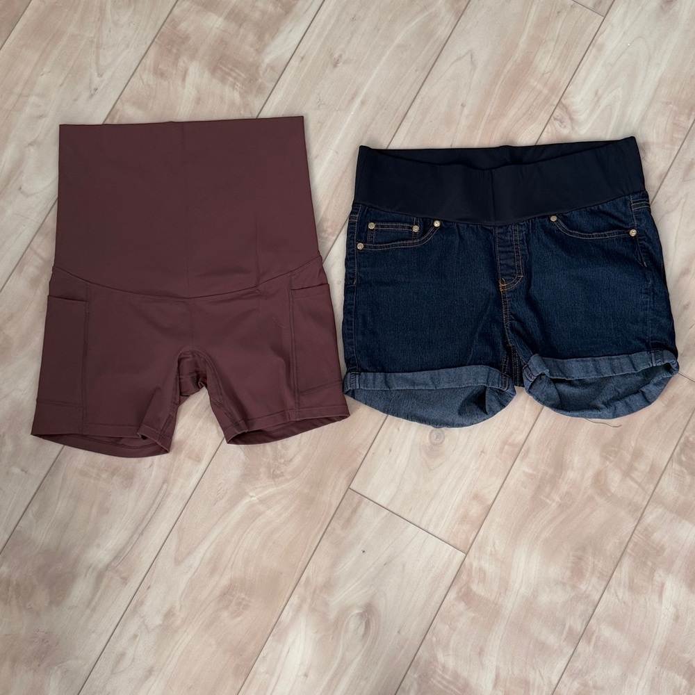 Maternity Brown Workout Shorts and Denim Shorts Set